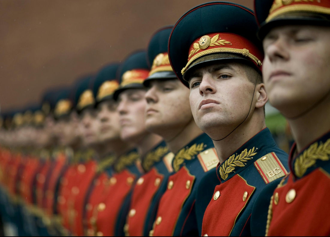Russian Military Men standing in line during a military ceremony