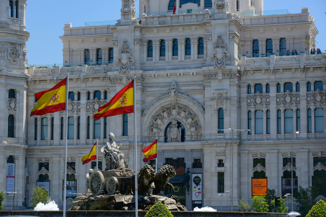 Fountain and flags in Spain, Cybele Palace